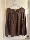 TORY BURCH BROWN LINEN LONG SLEEVE PEASANT BLOUSE