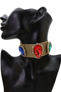Women Fashion Jewelry Gold Mesh Metal Choker Band Necklace Red Blue Green Beads