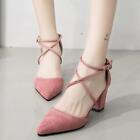 Womens Strappy Buckle Pointy Toe Mid Block Heels Shoes OL Pumps Sandals Dress