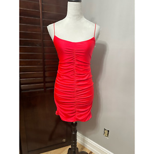 Edikted Womens Bodycon Dress Red Ruched Mini Spaghetti Strap Open Back L New
