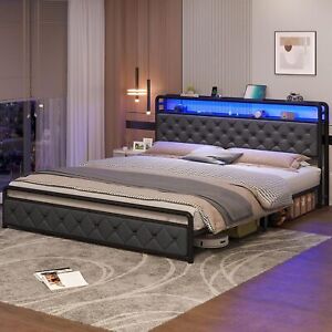 Queen Bed Frame with LED Lights Platform Bed King Size with Headboard Storage