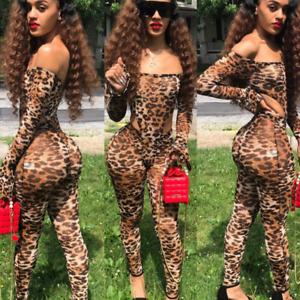 Sexy Women Leopard Print Long Sleeves Bodysuit and Pants 2-piece Jumpsuit Female