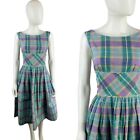 Vtg 50s Pastel Plaid Spring Fit Flare Day Dress Sundress Womens Size S Cotton