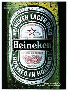 1985 Heineken Beer Print Ad, Bottle & Label Close Up Cold Sweat Condensation