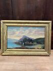 Antique Oil Painting European Landscape Lake Mountains Chalet Gold Frame Petite