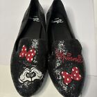 Disney Minnie Mouse Glitter Flats Sz 11WW Embroidered Shoes Bows Heart Hands