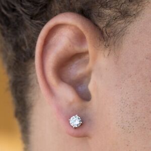 Round Cut Men's Iced Small Cz Screw Back 925 Sterling Silver Stud Earrings