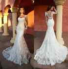 Sexy Mermaid Wedding Dresses Long Sleeve Backless Applique Lace Bride Gown Train