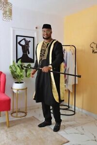 Gold and Black Agbada Babariga 3 Pieces Men Groom Suit African Clothing for Men