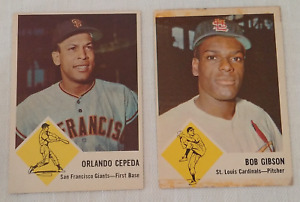 Vintage 1963 Fleer MLB Baseball Card Lot #61 Bob Gibson & #64 Orlando Cepeda HOF