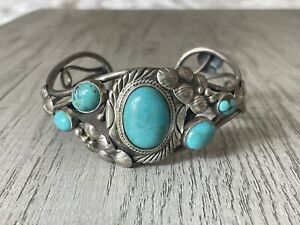 Old Pawn Navajo Sterling Silver 925 Turquoise Cabochon Cuff Bracelet 42 grams