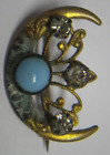 Antique Crescent Moon Blue Stone Brooch Pin ? Victorian 1800s 1910s 1920s ?