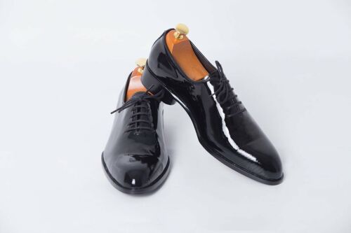 Handmade Men Black Patent Leather Wholecut Oxford Dress Shoes, Formal Shoes