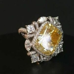 Cushion Cut Canary Yellow Simulated Diamond Halo Deco Ring 14k White Gold Silver