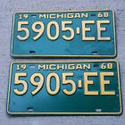 1969 Michigan 5905-EE License Plate PAIR Set - NO Great Lakes State STAMP error!