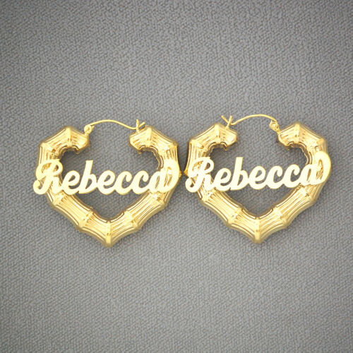 10k or 14k Gold Personalized Shiny Name Heart Bamboo Hoop Earrings Fine Jewelry