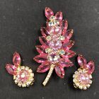 Vtg Juliana D+E Pink Aurora Borealis Rhinestones Glass Brooch Clip Earrings Set