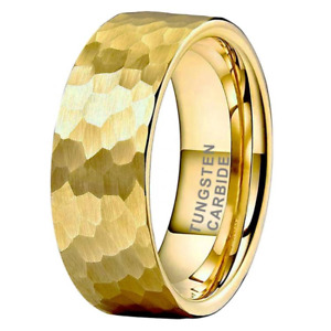 18K Gold Tungsten Carbide Men Wedding Ring Hammer Band Faceted Scratch Resistant