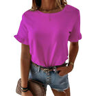 Womens Ruffle Short Sleeve Casual Loose Tee Ladies Plain T Shirt Tops Blouse