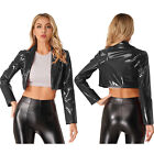 US Women's Patent Leather Jackets Coat Long Sleeve Lapel Motorcycle Outwear