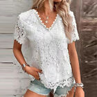 Womens V-Neck Lace T-Shirt Tops Ladies Short Sleeve Summer Casual Blouse Shirt