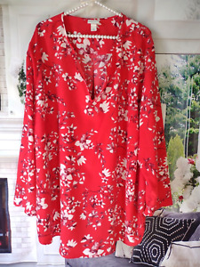 Ava & Viv Size 4x Tunic Floral Top V-Neck Red Flowy Soft Pullover Church Career
