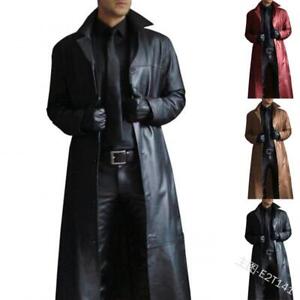 Men Leather Trench PU Long Coat Single Breasted Lapel Slim Windbreaker Jacke~