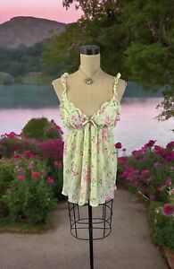 Green Flower Sheer Babydoll Blouse Tank Top Ruffle Fairy Coquette Cottagecore M