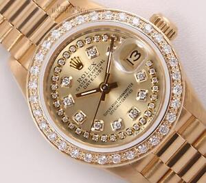 Rolex Lady President 18k Gold 26mm-Champagne String Diamond Dial-Diamond Bezel