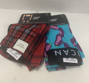 LOT OF 2~MENS~AMERICAN EAGLE~EGGPLANT & RED PLAID STRETCH BOXERS~SIZE M (32-34)