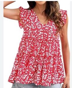 Plus Size 2X Blouse Baby Doll Casual Floral Ruffle Sleeveless Top Summer V Neck