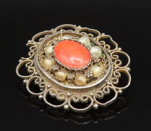 ISRAEL 925 Silver - Vintage Antique Coral & Beads Floral Brooch Pin - BP9606