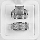 Real Moissanite 14K White Gold Plated Wedding Trio His And Her Bridal Ring Set