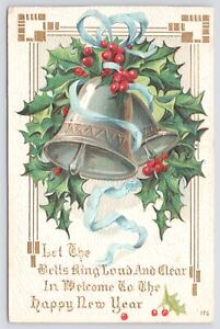 Happy New Year~Let The Bells Ring~Holly Berries~Ribbon & Silver Bells~Vintage PC