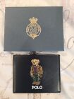 NEW Polo Bear Ralph Lauren Embroidered Leather Wallet Slim Card W/Case Navy Blue