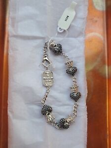 King Baby Q42-8166 Crowned Heart Chain Bracelet Silver And Black CZ Sz Medium