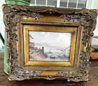 Oil Painting on Canvas Board~ Genoa Harbor Boats Gold Wood Frame 13.5”x 11.5”