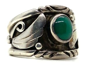Mens Old Pawn Native Feather Green Malachite Sterling Silver 925 Ring Size 11