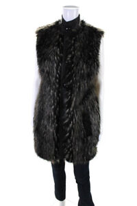 Rachel Zoe Womens High Neck Leather Faux Fur Vest Black Gray Size 6