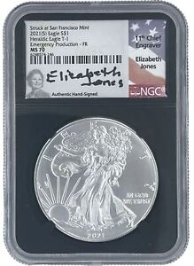 2021 SILVER EAGLE NGC MS70 ELIZABETH JONES SIGNED FIRST DAY OF ISSUE FDI TYPE 1