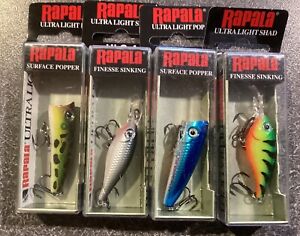 4 New Rapala Ultralight Fishing Lures Lot. 2 Surface Popper, 2 Finesse Sinking