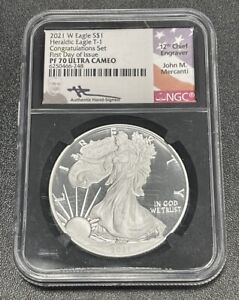2021 W Silver Eagle S PF70 Ultra Cameo NGC Signed by John M. Mercanti T-1