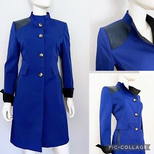NWT WOMEN TRENCH COAT SINGLE-BREASTED STAND-UP COLLAR LEATHER ROYAL BLUE $500
