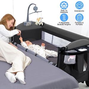 6 in 1 Portable Baby Infant Bassinet Crib Sleeper with Music Toy Mosquito Net