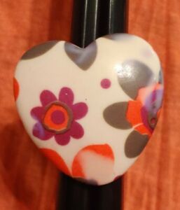 Large Chunky Plastic White Heart Orange Pink Grey Green Flower Floral Ring 8.25
