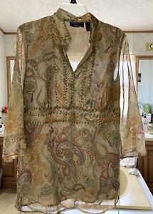 New York City Design Co. Brown Paisley Blouse Sheer Lined - Sequins - Size L