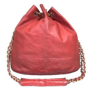 CHANEL bag shoulder bag matelasse drawstring Leather Red Authentic
