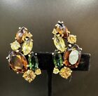 Schiaparelli Multicolor Rhinestone Earrings Vintage Glass 1.75” Clip On Signed
