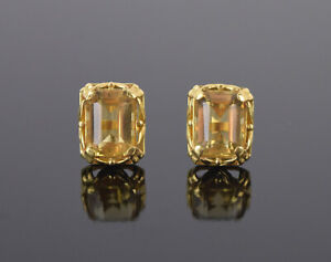 Vintage Estate Pair 14k Solid Gold Earrings Large Square Cut Solitaire Citrines