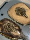 Antique Sterling Silver Flowers French Guilloche Enamel Hand Mirror, Brush